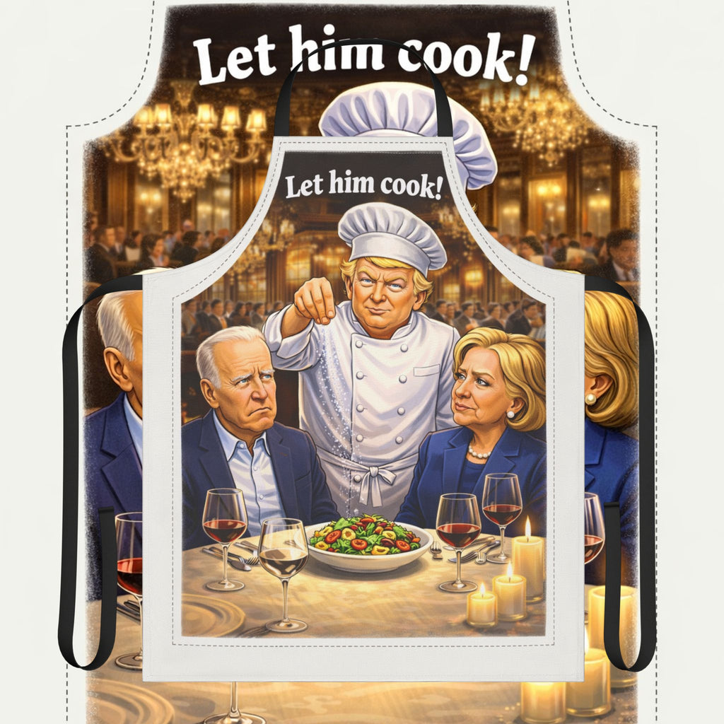 Political Chef Apron — "Let Him Cook!" Cooking Apron Featuring Biden & Clinton Caricatures